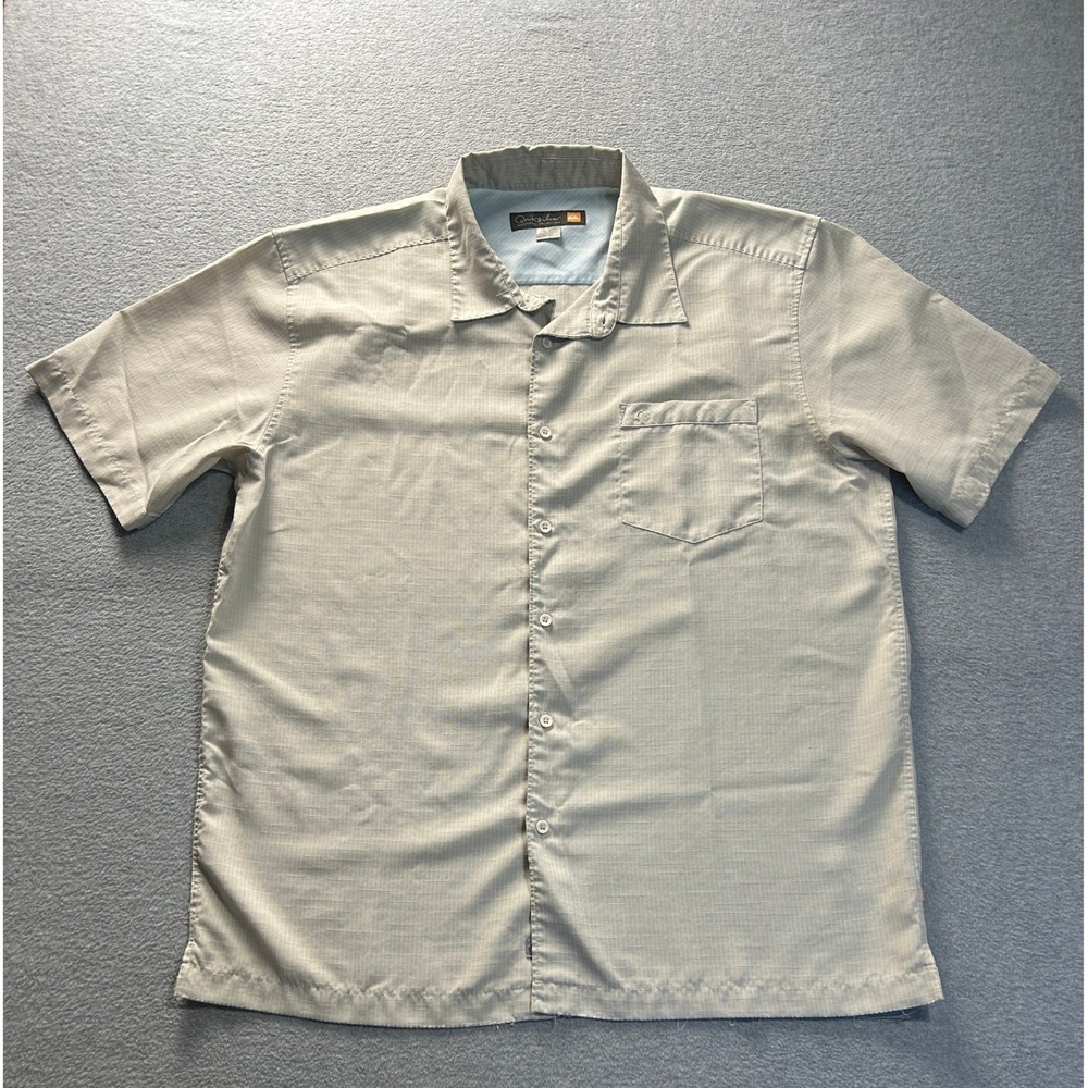 Quiksilver Waterman Button Up Shirt Mens Short Sleeve Gray Blue Fishing Resort